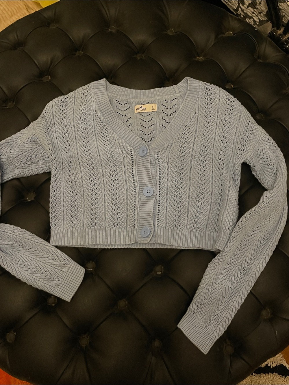 Hollister Pale Blue Cropped Open-Knit V-Neck Cardigan - Picture 1 of 3